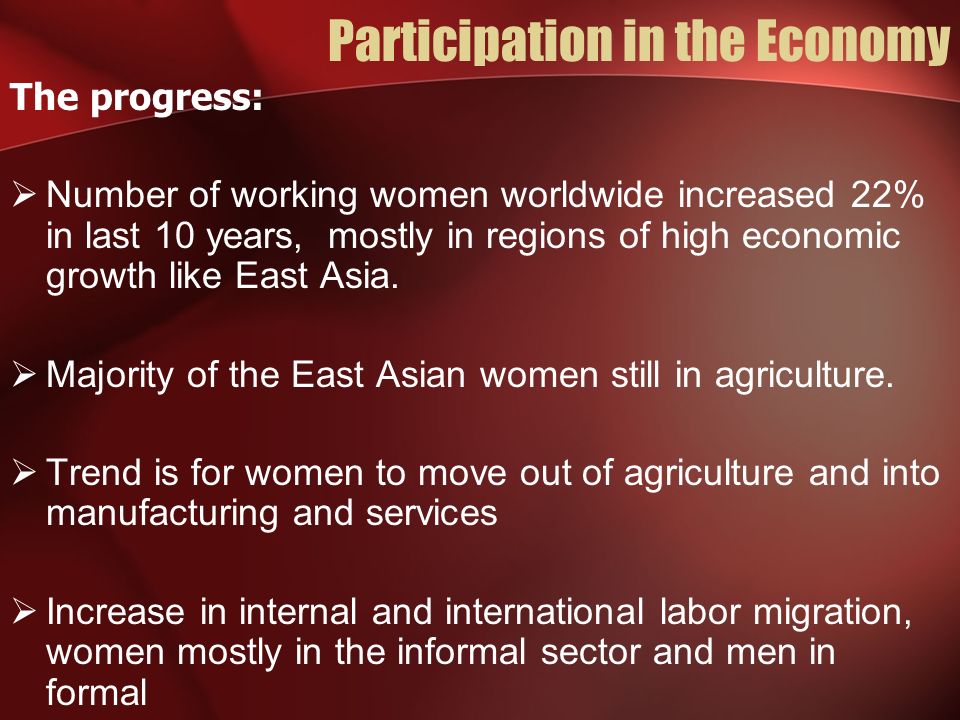 Participation in the Economy The progress: Number of working women worldwide increased 22% in last 10 years, mostly in regions of high economic growth like East Asia.