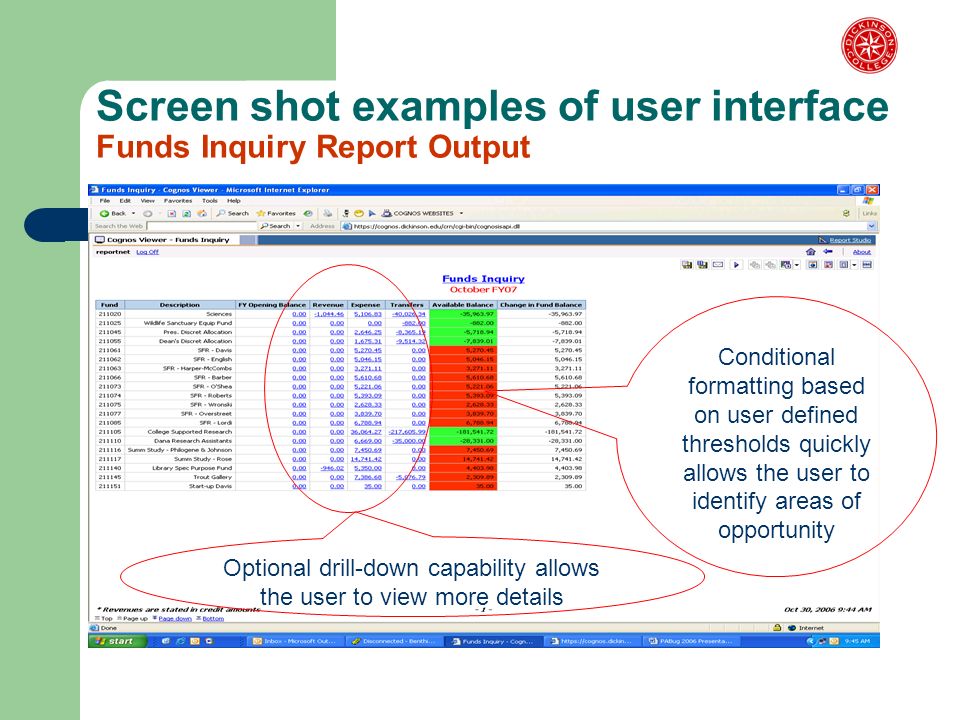 Screen shot examples of user interface Funds Inquiry Report Output Conditional formatting based on user defined thresholds quickly allows the user to identify areas of opportunity Optional drill-down capability allows the user to view more details