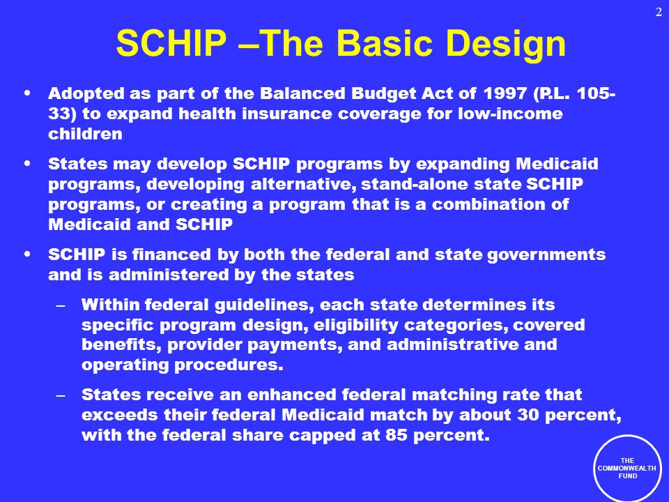 THE COMMONWEALTH FUND 2 SCHIP –The Basic Design Adopted as part of the Balanced Budget Act of 1997 (P.L.