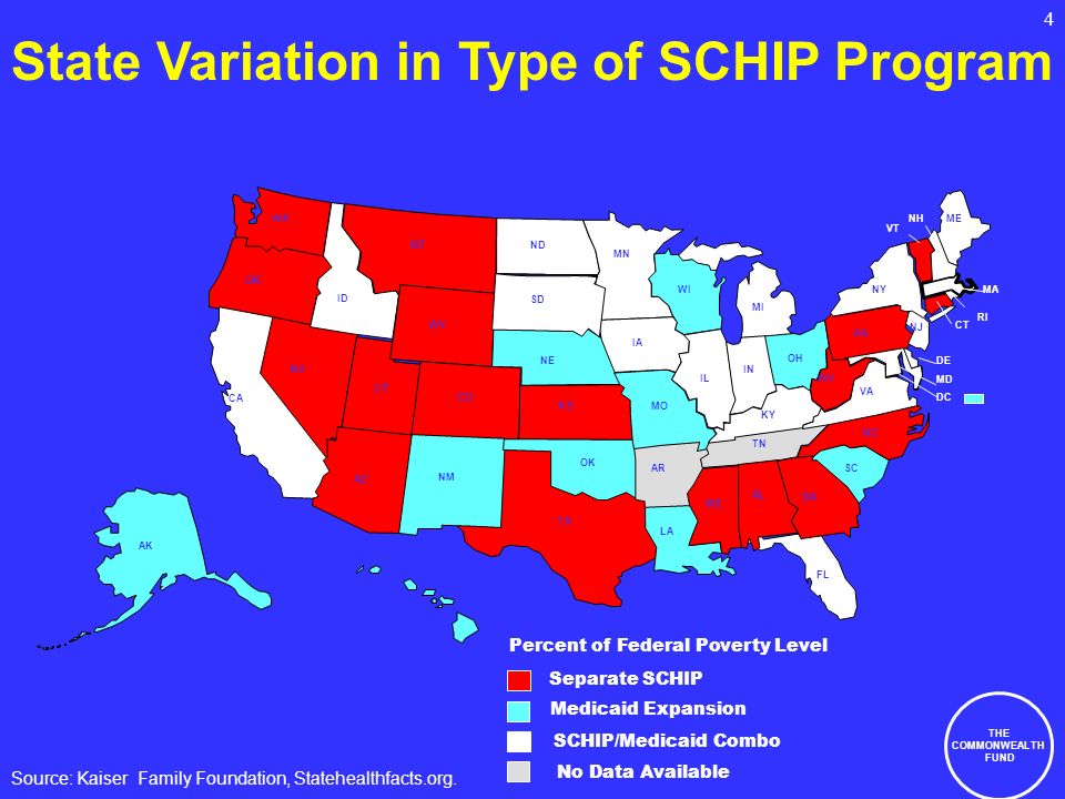 THE COMMONWEALTH FUND 4 Separate SCHIP SCHIP/Medicaid Combo No Data Available Source: Kaiser Family Foundation, Statehealthfacts.org.
