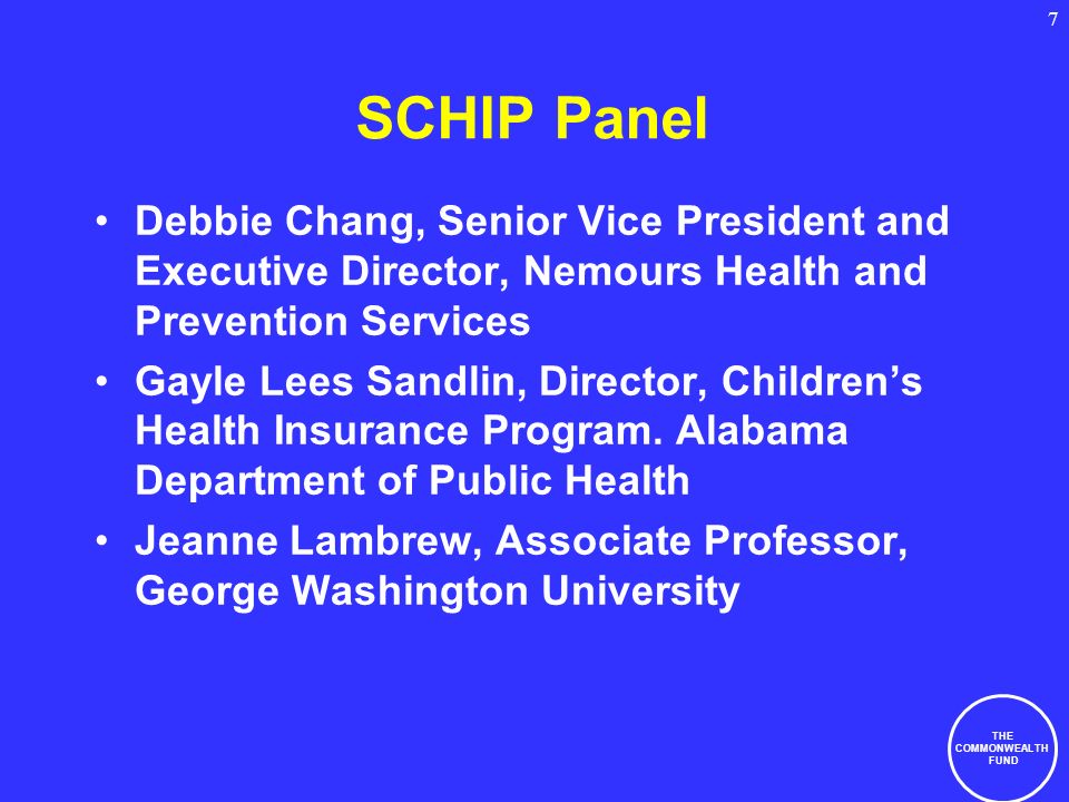 THE COMMONWEALTH FUND 7 SCHIP Panel Debbie Chang, Senior Vice President and Executive Director, Nemours Health and Prevention Services Gayle Lees Sandlin, Director, Childrens Health Insurance Program.