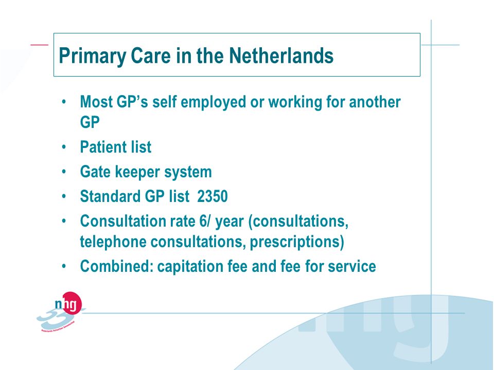 Primary Care in the Netherlands Most GPs self employed or working for another GP Patient list Gate keeper system Standard GP list 2350 Consultation rate 6/ year (consultations, telephone consultations, prescriptions) Combined: capitation fee and fee for service
