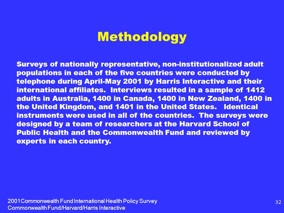 2001Commonwealth Fund International Health Policy Survey Commonwealth Fund/Harvard/Harris Interactive 32 Methodology Surveys of nationally representative, non-institutionalized adult populations in each of the five countries were conducted by telephone during April-May 2001 by Harris Interactive and their international affiliates.