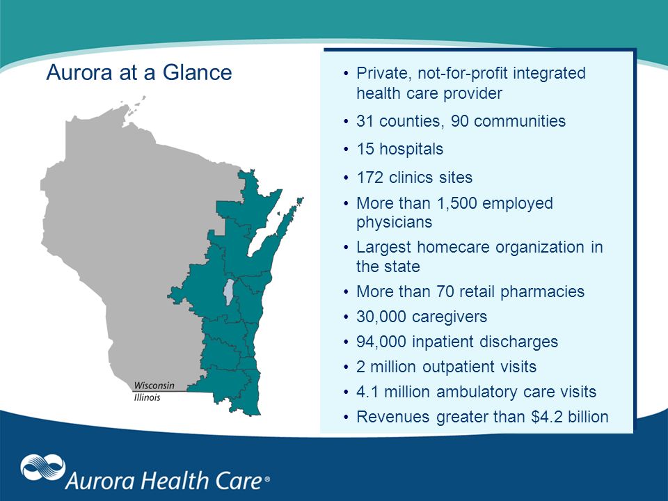 Aurora at a Glance Private, not-for-profit integrated health care provider 31 counties, 90 communities 15 hospitals 172 clinics sites More than 1,500 employed physicians Largest homecare organization in the state More than 70 retail pharmacies 30,000 caregivers 94,000 inpatient discharges 2 million outpatient visits 4.1 million ambulatory care visits Revenues greater than $4.2 billion Private, not-for-profit integrated health care provider 31 counties, 90 communities 15 hospitals 172 clinics sites More than 1,500 employed physicians Largest homecare organization in the state More than 70 retail pharmacies 30,000 caregivers 94,000 inpatient discharges 2 million outpatient visits 4.1 million ambulatory care visits Revenues greater than $4.2 billion