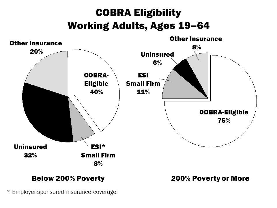 Below 200% Poverty200% Poverty or More Other Insurance 8% Uninsured 32% COBRA-Eligible 75% ESI Small Firm 11% ESI* Small Firm 8% Other Insurance 20% COBRA- Eligible 40% Uninsured 6% * Employer-sponsored insurance coverage.