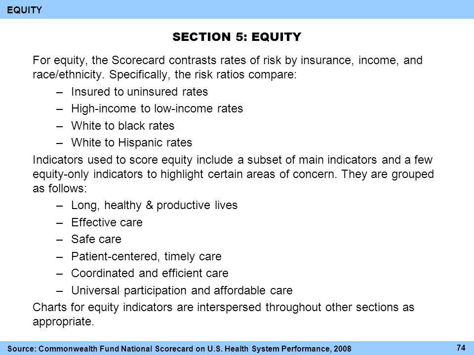 SECTION 5: EQUITY EQUITY For equity, the Scorecard contrasts rates of risk by insurance, income, and race/ethnicity.