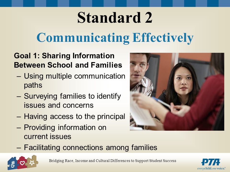Bridging Race, Income and Cultural Differences to Support Student Success Standard 2 Communicating Effectively Goal 1: Sharing Information Between School and Families –Using multiple communication paths –Surveying families to identify issues and concerns –Having access to the principal –Providing information on current issues –Facilitating connections among families