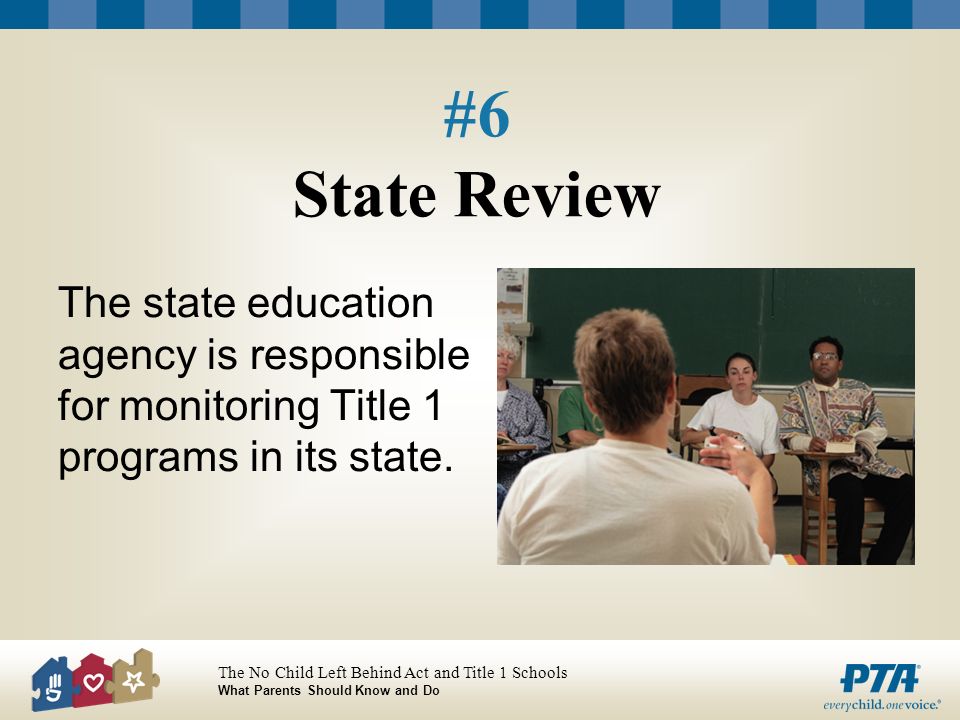 The No Child Left Behind Act and Title 1 Schools What Parents Should Know and Do #6 State Review The state education agency is responsible for monitoring Title 1 programs in its state.