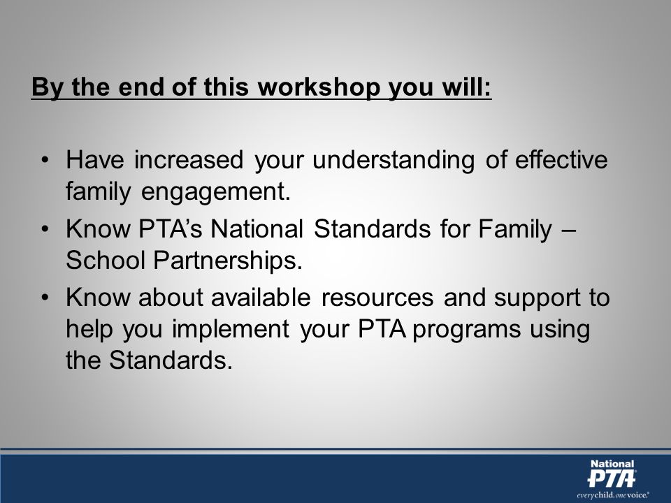 By the end of this workshop you will: Have increased your understanding of effective family engagement.