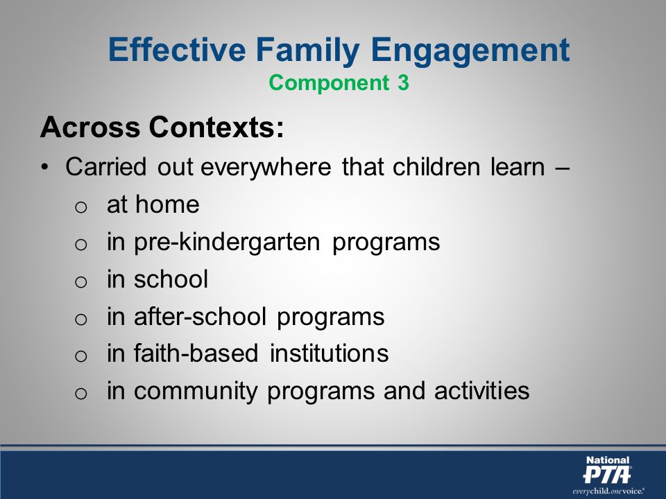 Effective Family Engagement Component 3 Across Contexts: Carried out everywhere that children learn – o at home o in pre-kindergarten programs o in school o in after-school programs o in faith-based institutions o in community programs and activities