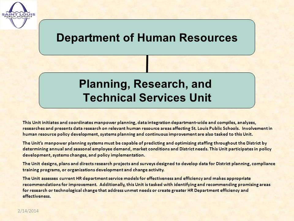 Department of Human Resources Planning, Research, and Technical Services Unit This Unit initiates and coordinates manpower planning, data integration department-wide and compiles, analyzes, researches and presents data research on relevant human resource areas affecting St.