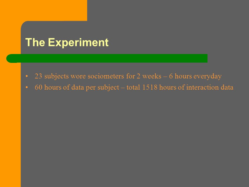 The Experiment 23 subjects wore sociometers for 2 weeks – 6 hours everyday 60 hours of data per subject – total 1518 hours of interaction data