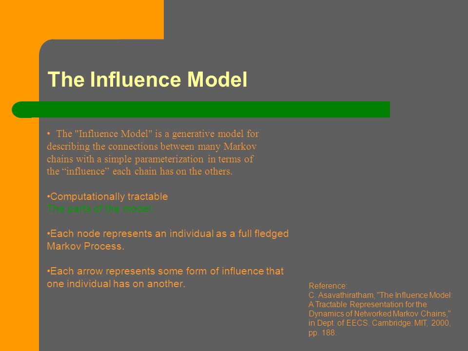 The Influence Model The Influence Model is a generative model for describing the connections between many Markov chains with a simple parameterization in terms of the influence each chain has on the others.