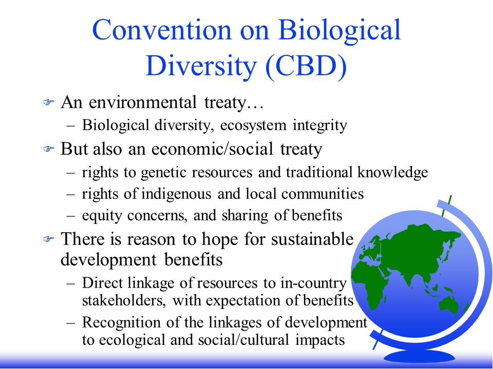 Convention on Biological Diversity (CBD) F An environmental treaty… –Biological diversity, ecosystem integrity F But also an economic/social treaty –rights to genetic resources and traditional knowledge –rights of indigenous and local communities –equity concerns, and sharing of benefits F There is reason to hope for sustainable development benefits –Direct linkage of resources to in-country stakeholders, with expectation of benefits –Recognition of the linkages of development to ecological and social/cultural impacts