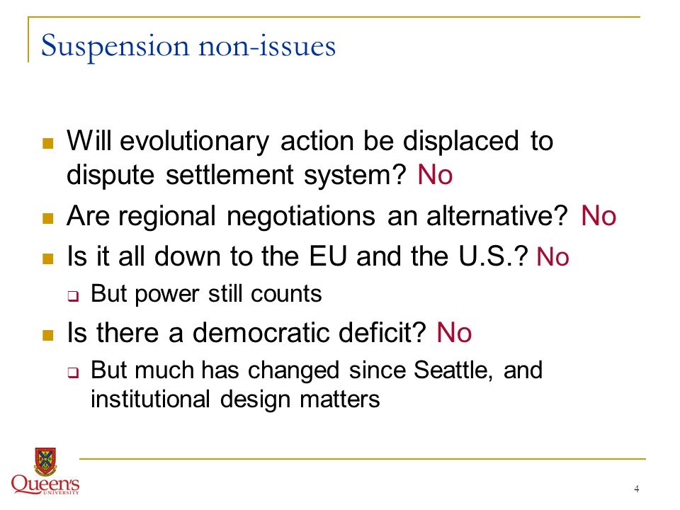 4 Suspension non-issues Will evolutionary action be displaced to dispute settlement system.