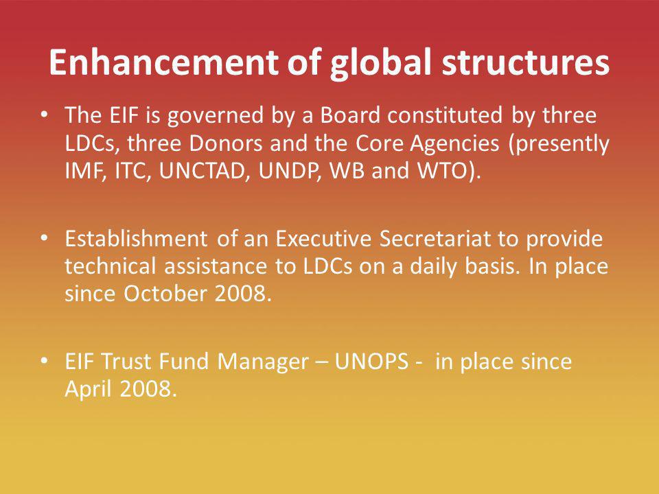 17 Enhancement of global structures The EIF is governed by a Board constituted by three LDCs, three Donors and the Core Agencies (presently IMF, ITC, UNCTAD, UNDP, WB and WTO).