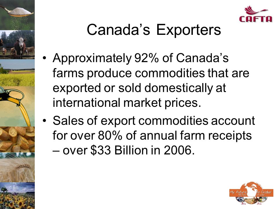 Canadas Exporters Approximately 92% of Canadas farms produce commodities that are exported or sold domestically at international market prices.