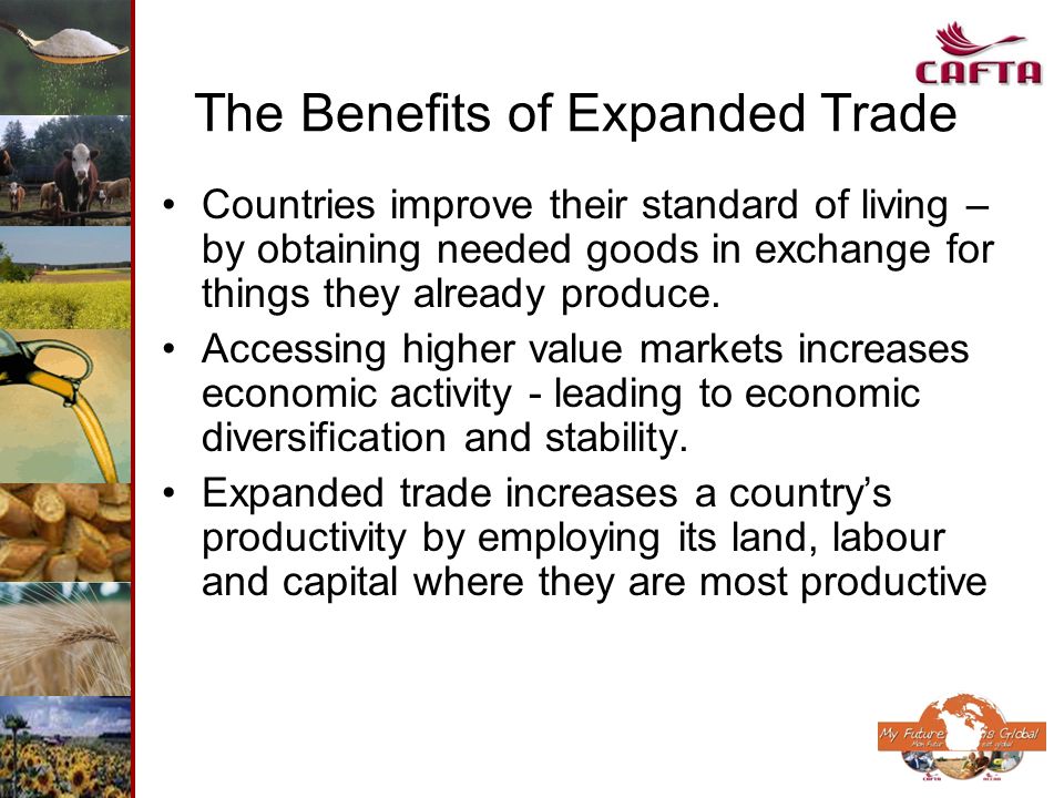 The Benefits of Expanded Trade Countries improve their standard of living – by obtaining needed goods in exchange for things they already produce.