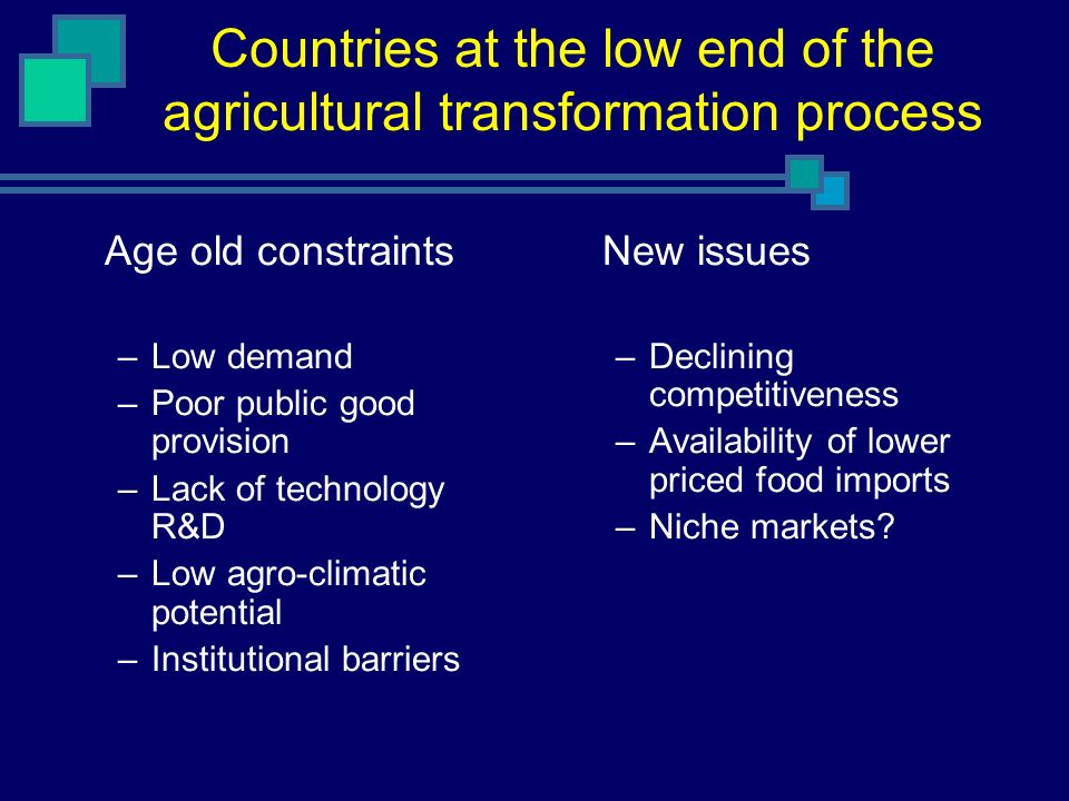 Countries at the low end of the agricultural transformation process Age old constraints –Low demand –Poor public good provision –Lack of technology R&D –Low agro-climatic potential –Institutional barriers New issues –Declining competitiveness –Availability of lower priced food imports –Niche markets