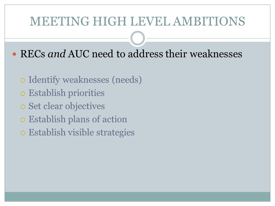 MEETING HIGH LEVEL AMBITIONS RECs and AUC need to address their weaknesses Identify weaknesses (needs) Establish priorities Set clear objectives Establish plans of action Establish visible strategies