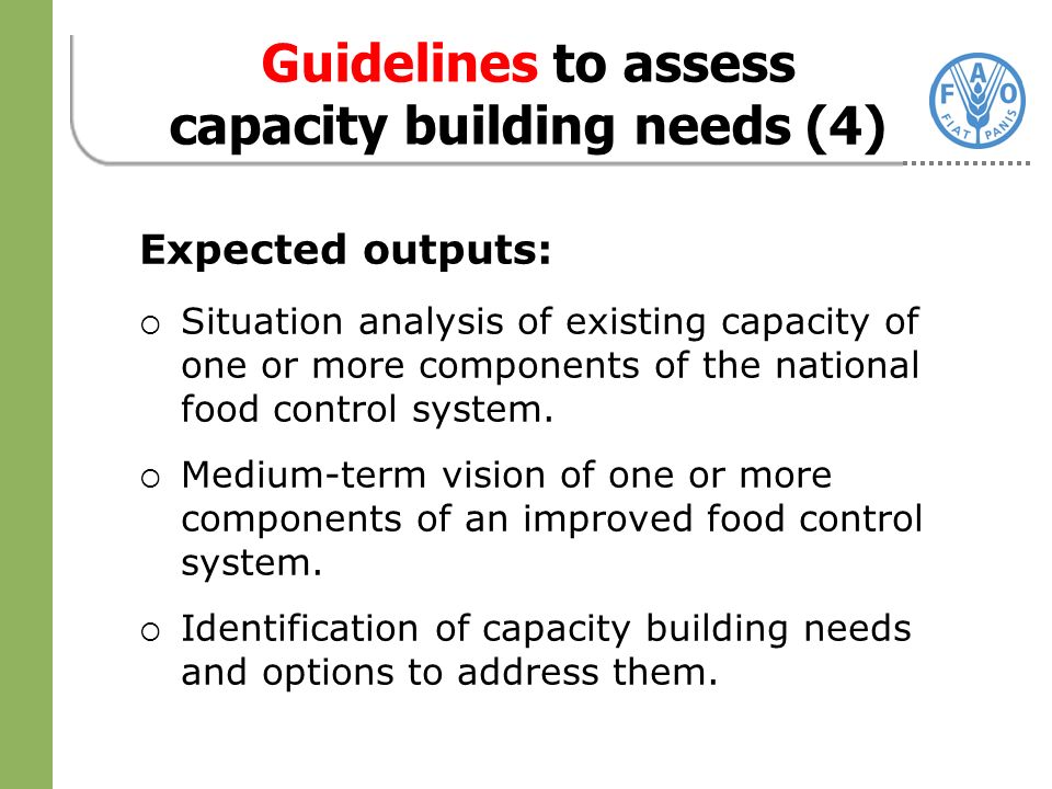 Expected outputs: Situation analysis of existing capacity of one or more components of the national food control system.