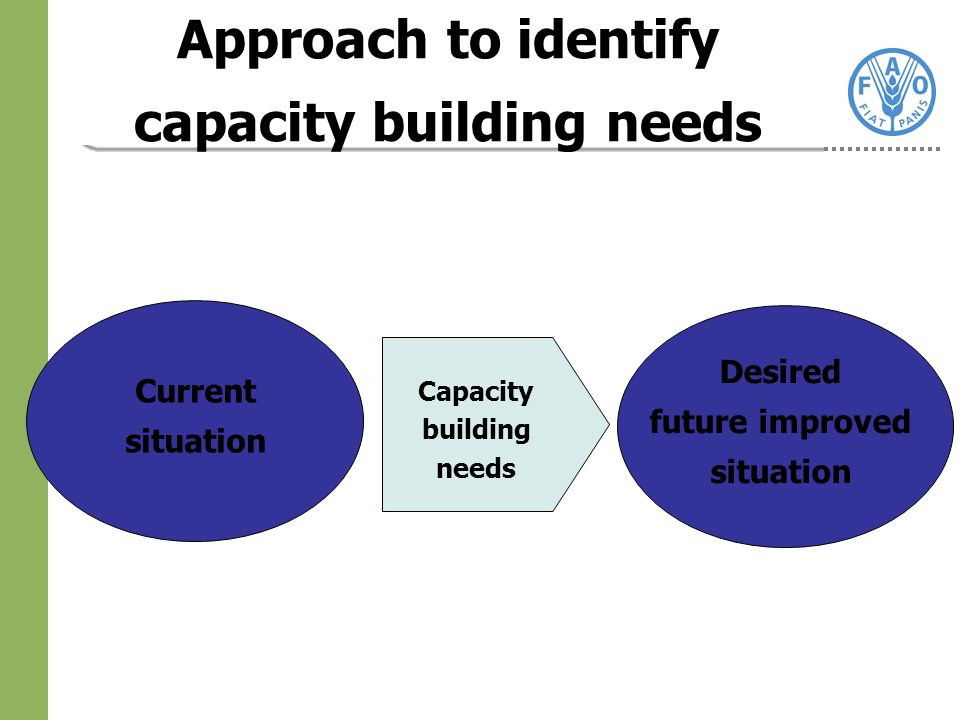 Approach to identify capacity building needs Current situation Desired future improved situation Capacity building needs