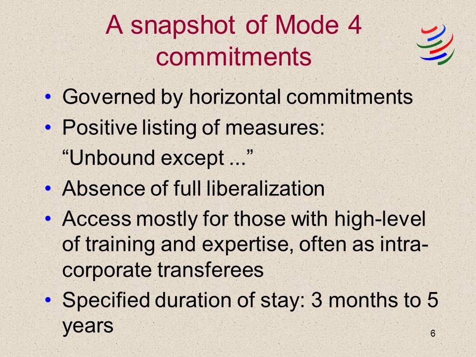 6 A snapshot of Mode 4 commitments Governed by horizontal commitments Positive listing of measures: Unbound except...