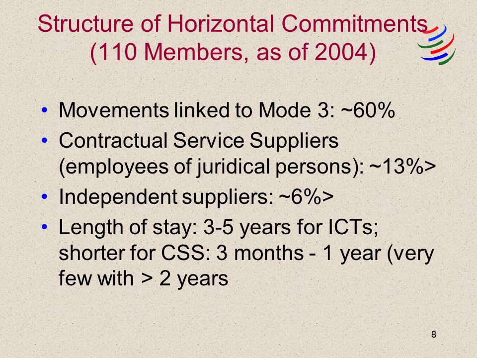 8 Structure of Horizontal Commitments (110 Members, as of 2004) Movements linked to Mode 3: ~60% Contractual Service Suppliers (employees of juridical persons): ~13%> Independent suppliers: ~6%> Length of stay: 3-5 years for ICTs; shorter for CSS: 3 months - 1 year (very few with > 2 years