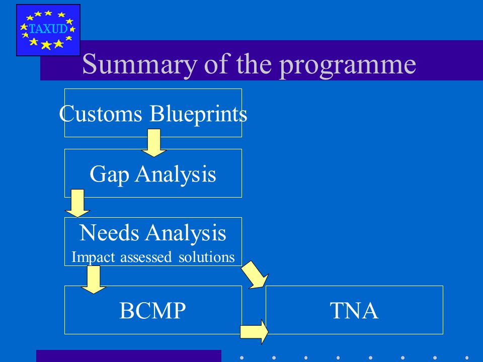 Activities listed in the Needs Analysis (impact assessed solutions) requesting external assistance (in the order of the BCMP Summary) TNA includes estimation of budget and staff To be finalised for individual countries Technical Needs Analysis (TNA)