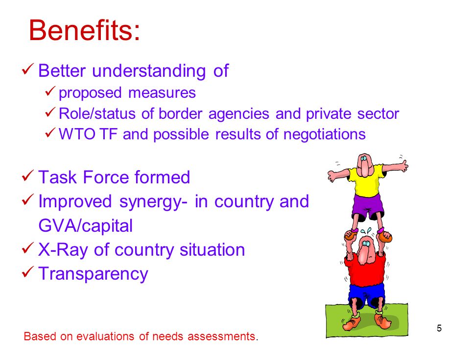 5 Benefits: Better understanding of proposed measures Role/status of border agencies and private sector WTO TF and possible results of negotiations Task Force formed Improved synergy- in country and GVA/capital X-Ray of country situation Transparency Based on evaluations of needs assessments.