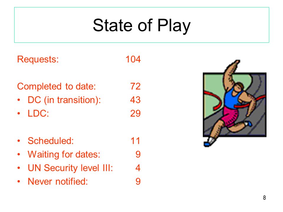 8 State of Play Requests: 104 Completed to date: 72 DC (in transition): 43 LDC: 29 Scheduled: 11 Waiting for dates: 9 UN Security level III: 4 Never notified: 9