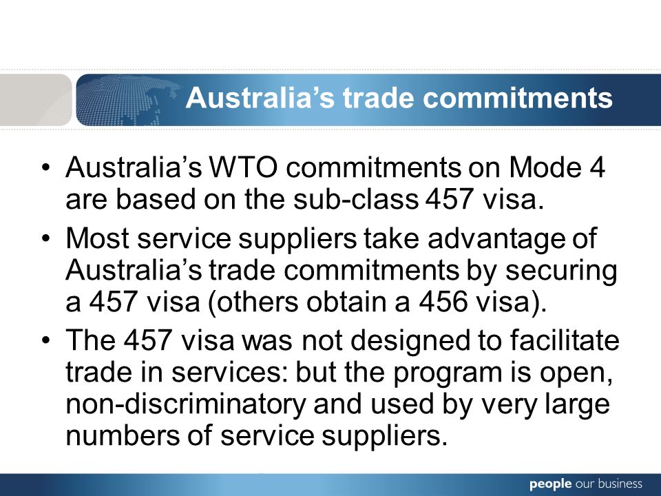 Australias WTO commitments on Mode 4 are based on the sub-class 457 visa.