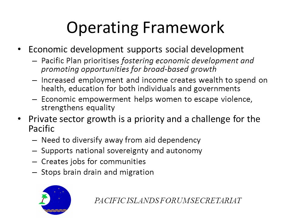 Operating Framework Economic development supports social development – Pacific Plan prioritises fostering economic development and promoting opportunities for broad-based growth – Increased employment and income creates wealth to spend on health, education for both individuals and governments – Economic empowerment helps women to escape violence, strengthens equality Private sector growth is a priority and a challenge for the Pacific – Need to diversify away from aid dependency – Supports national sovereignty and autonomy – Creates jobs for communities – Stops brain drain and migration PACIFIC ISLANDS FORUM SECRETARIAT