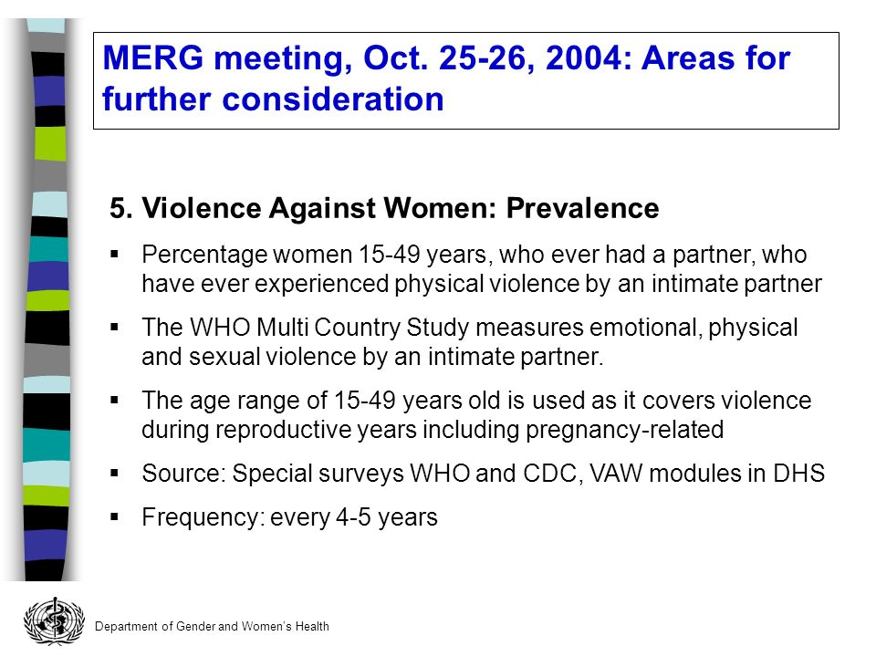 Department of Gender and Womens Health 5.Violence Against Women: Prevalence Percentage women years, who ever had a partner, who have ever experienced physical violence by an intimate partner The WHO Multi Country Study measures emotional, physical and sexual violence by an intimate partner.