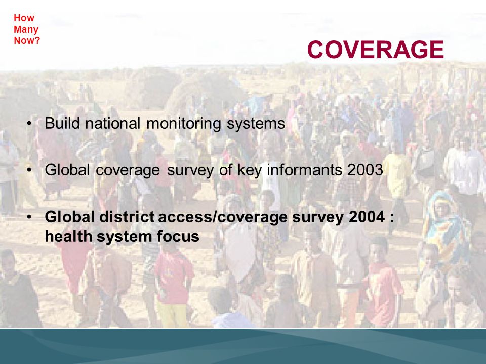 COVERAGE Build national monitoring systems Global coverage survey of key informants 2003 Global district access/coverage survey 2004 : health system focus How Many Now