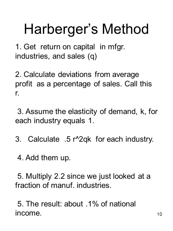 10 Harbergers Method 1. Get return on capital in mfgr.