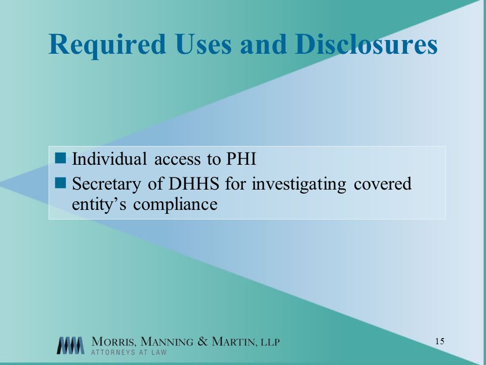 15 Required Uses and Disclosures Individual access to PHI Secretary of DHHS for investigating covered entitys compliance