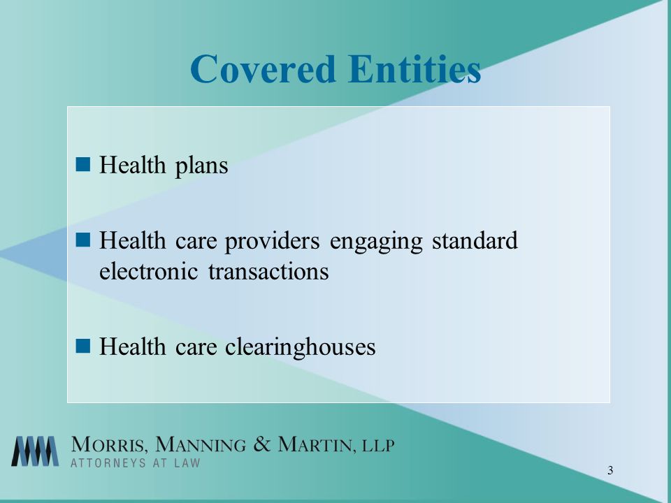 3 Covered Entities Health plans Health care providers engaging standard electronic transactions Health care clearinghouses