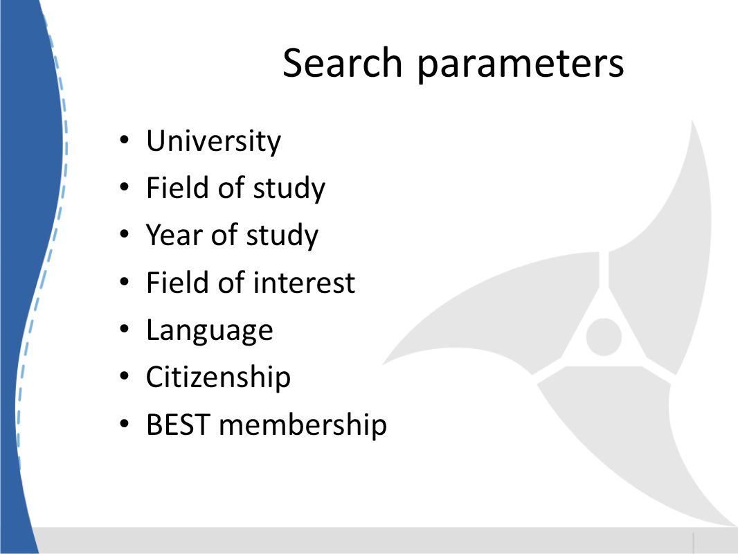 Search parameters University Field of study Year of study Field of interest Language Citizenship BEST membership