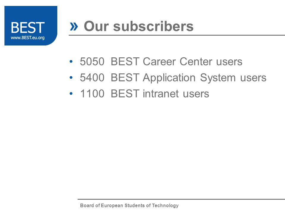 Board of European Students of Technology 5050 BEST Career Center users 5400 BEST Application System users 1100 BEST intranet users » Our subscribers