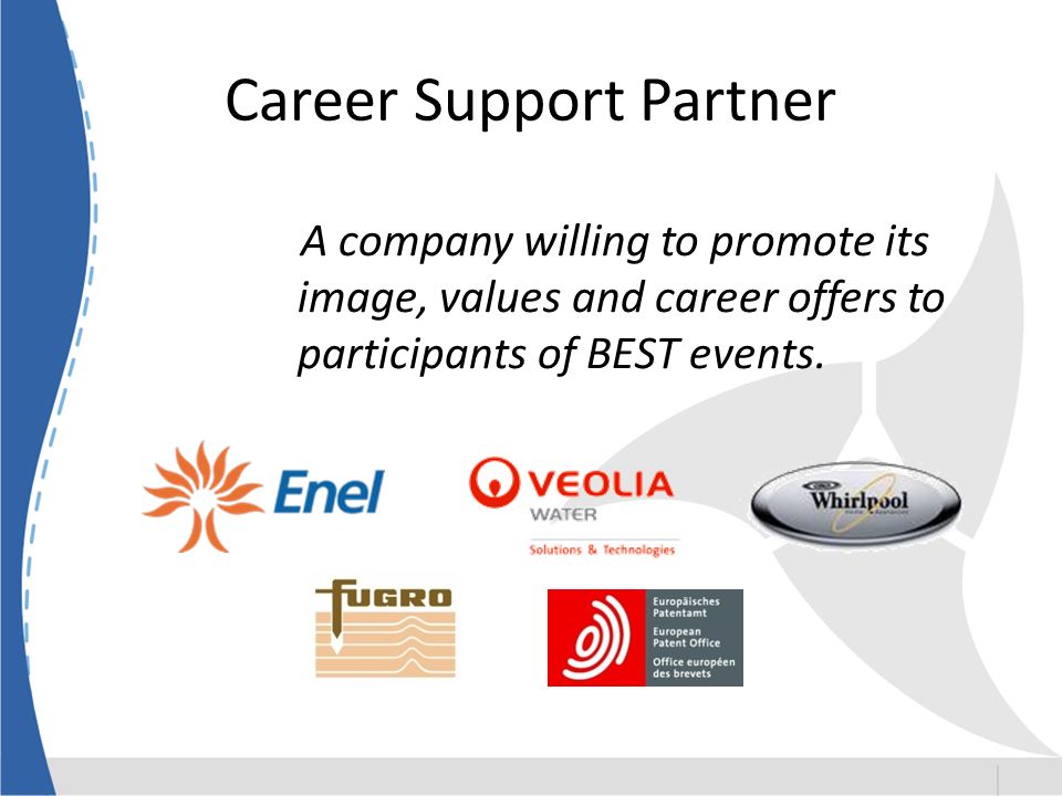 Career Support Partner A company willing to promote its image, values and career offers to participants of BEST events.