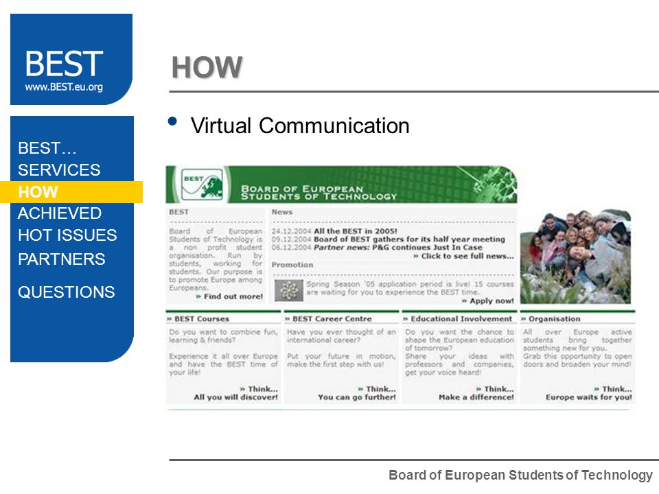 Board of European Students of Technology HOW Virtual Communication Website Intranet = Private Area  s (!) Online meetings Application system BEST… SERVICES HOW ACHIEVED HOT ISSUES PARTNERS QUESTIONS