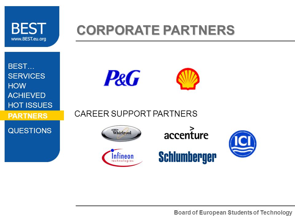 Board of European Students of Technology CORPORATE PARTNERS CAREER SUPPORT PARTNERS BEST… SERVICES HOW ACHIEVED HOT ISSUES PARTNERS QUESTIONS
