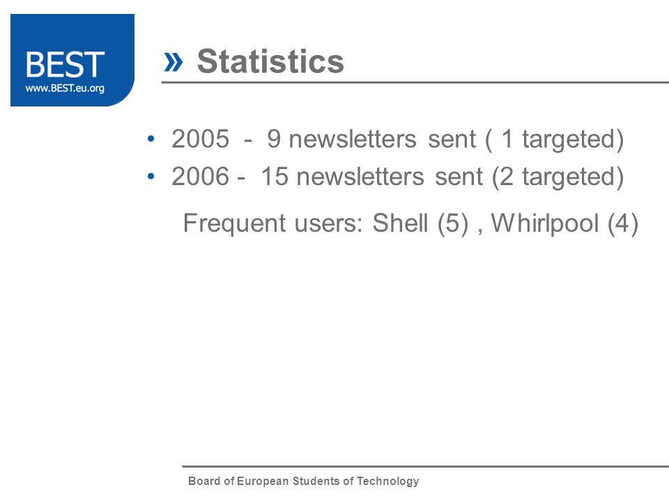 Board of European Students of Technology newsletters sent ( 1 targeted) newsletters sent (2 targeted) Frequent users: Shell (5), Whirlpool (4) » Statistics
