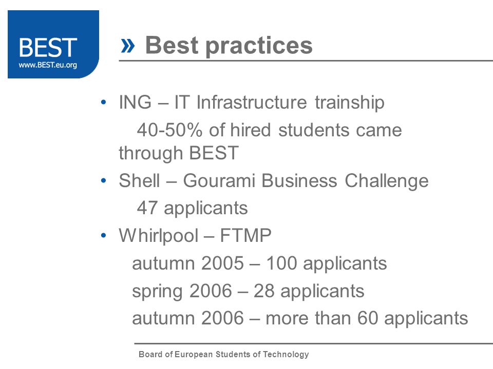 Board of European Students of Technology ING – IT Infrastructure trainship 40-50% of hired students came through BEST Shell – Gourami Business Challenge 47 applicants Whirlpool – FTMP autumn 2005 – 100 applicants spring 2006 – 28 applicants autumn 2006 – more than 60 applicants » Best practices