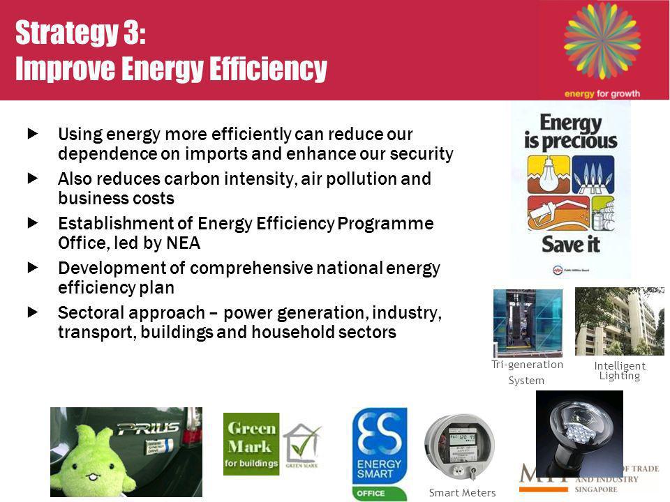 Strategy 3: Improve Energy Efficiency Using energy more efficiently can reduce our dependence on imports and enhance our security Also reduces carbon intensity, air pollution and business costs Establishment of Energy Efficiency Programme Office, led by NEA Development of comprehensive national energy efficiency plan Sectoral approach – power generation, industry, transport, buildings and household sectors Intelligent Lighting Tri-generation System Smart Meters