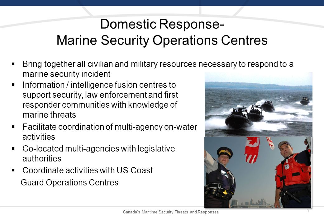 Domestic Response- Marine Security Operations Centres Information / intelligence fusion centres to support security, law enforcement and first responder communities with knowledge of marine threats Facilitate coordination of multi-agency on-water activities Co-located multi-agencies with legislative authorities Coordinate activities with US Coast Guard Operations Centres 5 Bring together all civilian and military resources necessary to respond to a marine security incident Canadas Maritime Security Threats and Responses