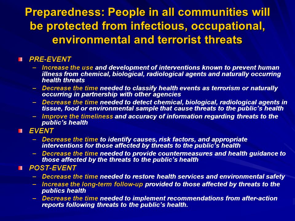 Preparedness: People in all communities will be protected from infectious, occupational, environmental and terrorist threats PRE-EVENT – –Increase the use and development of interventions known to prevent human illness from chemical, biological, radiological agents and naturally occurring health threats – –Decrease the time needed to classify health events as terrorism or naturally occurring in partnership with other agencies – –Decrease the time needed to detect chemical, biological, radiological agents in tissue, food or environmental sample that cause threats to the publics health – –Improve the timeliness and accuracy of information regarding threats to the publics health EVENT – –Decrease the time to identify causes, risk factors, and appropriate interventions for those affected by threats to the publics health – –Decrease the time needed to provide countermeasures and health guidance to those affected by the threats to the publics health POST-EVENT – –Decrease the time needed to restore health services and environmental safety – –Increase the long-term follow-up provided to those affected by threats to the publics health – –Decrease the time needed to implement recommendations from after-action reports following threats to the publics health.