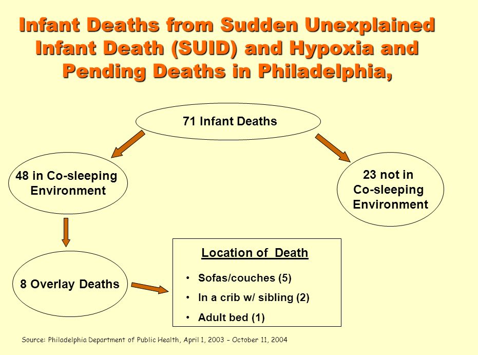 Infant Deaths from Sudden Unexplained Infant Death (SUID) and Hypoxia and Pending Deaths in Philadelphia, 71 Infant Deaths 48 in Co-sleeping Environment 8 Overlay Deaths Location of Death Sofas/couches (5) In a crib w/ sibling (2) Adult bed (1) 23 not in Co-sleeping Environment Source: Philadelphia Department of Public Health, April 1, 2003 – October 11, 2004