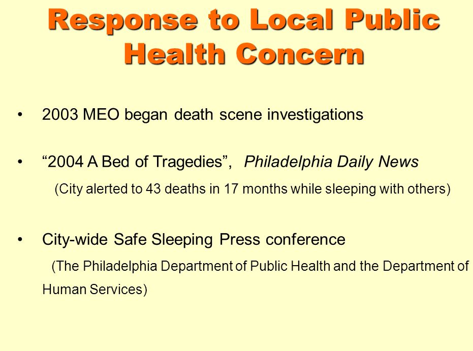 Response to Local Public Health Concern 2003 MEO began death scene investigations 2004 A Bed of Tragedies, Philadelphia Daily News (City alerted to 43 deaths in 17 months while sleeping with others) City-wide Safe Sleeping Press conference (The Philadelphia Department of Public Health and the Department of Human Services)